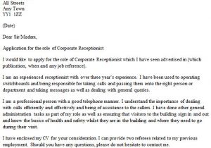 Cover Letter as Receptionist Corporate Receptionist Cover Letter Example Icover org Uk
