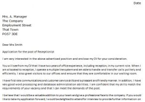 Cover Letter as Receptionist Cover Letter for A Receptionist Icover org Uk