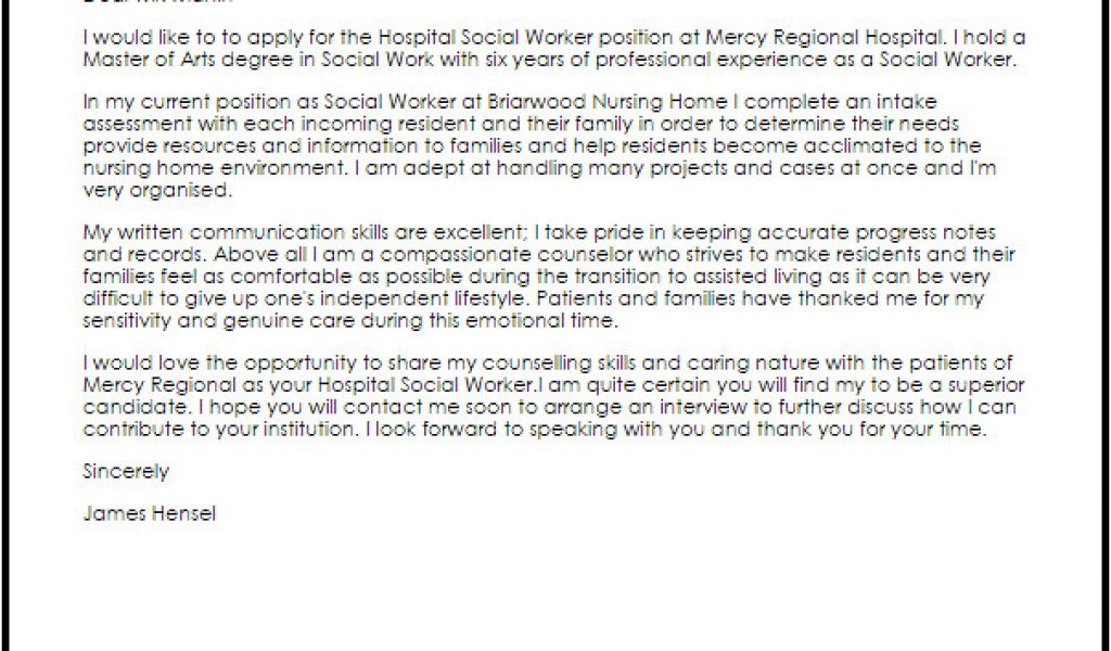 Cover Letter Examples for social Workers Hospital social Worker Cover ...