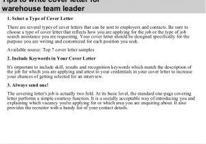 Cover Letter Examples for Team Leader Position Warehouse Team Leader Cover Letter