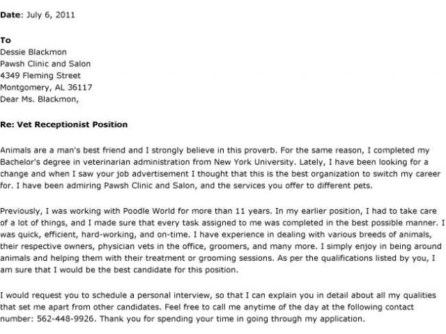 cover letter examples veterinary receptionist