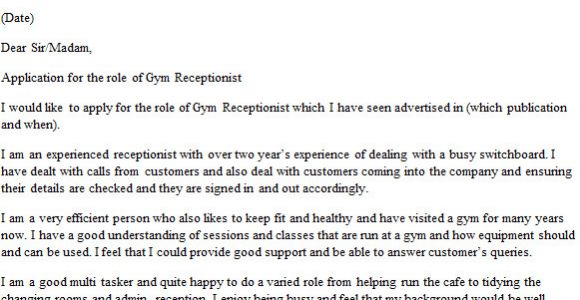 Cover Letter for A Gym Receptionist Gym Receptionist Cover Letter Example Icover org Uk