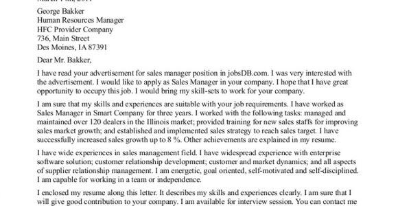 Cover Letter for A Senior Management Position Cover Letter for Sales and Marketing Manager Position
