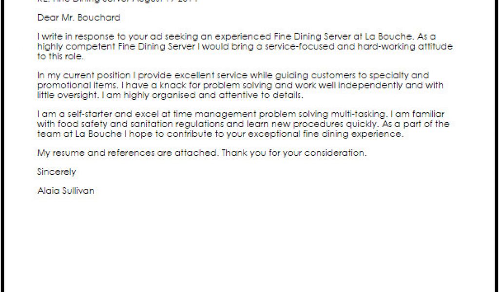 Cover Letter for A Server Position Fine Dining Server Cover Letter ...