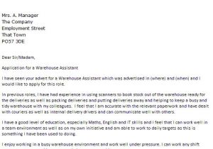Cover Letter for A Warehouse Position Warehouse assistant Cover Letter Example Icover org Uk