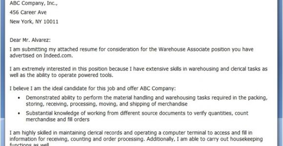Cover Letter for A Warehouse Position Warehouse associate Cover Letter Resume Downloads