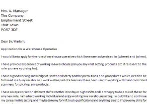 Cover Letter for A Warehouse Position Warehouse Operative Cover Letter Example Icover org Uk