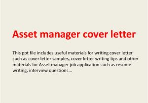 Cover Letter for asset Management Position asset Manager Cover Letter