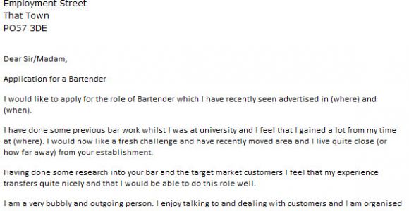 Cover Letter for Bartender Position Bartender Cover Letter Example Icover org Uk