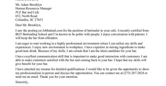Cover Letter for Bartender with No Experience Bartender Cover Letter No Experience the Letter Sample