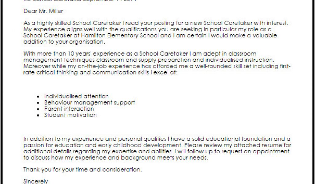 Cover Letter For Caretaker Position School Caretaker Cover Letter 