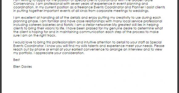 Cover Letter for event Coordinator Position Special events Coordinator Cover Letter Sample Cover