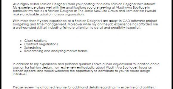 Cover Letter for Fashion Designer Job Fashion Designer Cover Letter Sample Cover Letter