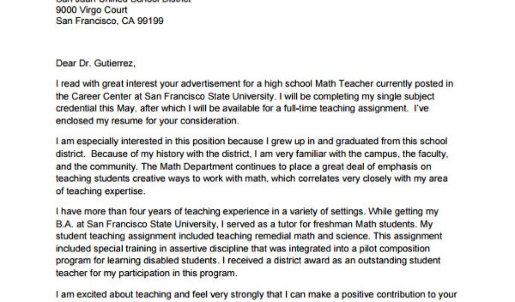 cover letter for high school teaching position