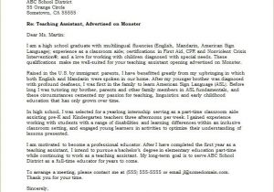 Cover Letter for High School Teaching Position Teaching assistant Cover Letter Sample Monster Com