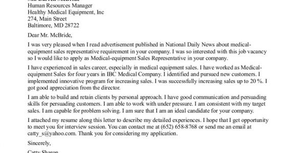 Cover Letter for Medical Sales Representative with No Experience Sales Rep Cover Letter No Experience Medical Equipment