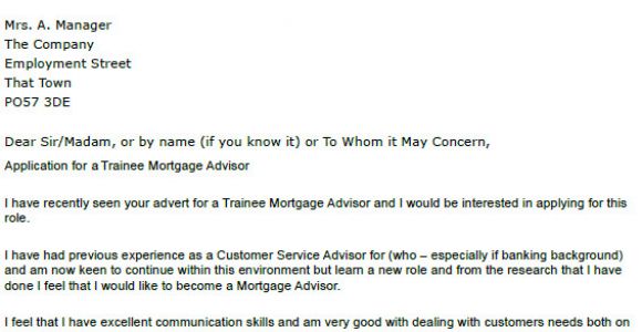 Cover Letter for Mortgage Advisor Trainee Mortgage Advisor Cover Letter Example Icover org Uk