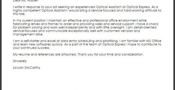 Cover Letter for Optical assistant Optical assistant Cover Letter Sample Cover Letter