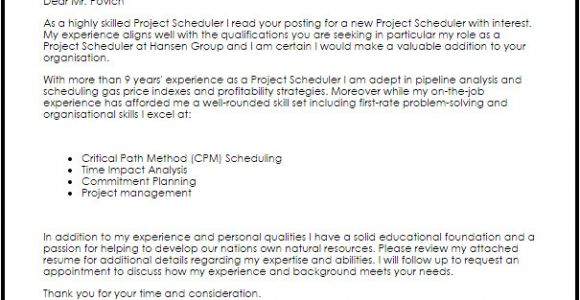 Cover Letter for Scheduler Project Scheduler Cover Letter Sample Cover Letter