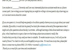 Cover Letter for Shadowing A Doctor Physician assistant School Application Recommendation Sample