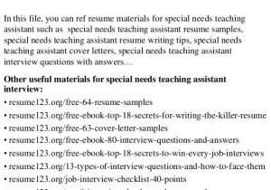 Cover Letter for Special Needs assistant Resume Samples for Teachers assistant