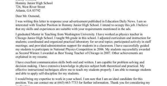 Cover Letter for Teaching Job In School Teacher Cover Letter Examples Cover Letter format for