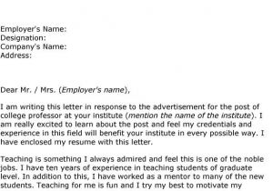 Cover Letter for Teaching Position at University Cover Letter Example for College Teachers