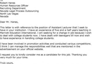 Cover Letter for the Post Of Lecturer Cover Letter Samples for Lecturer Post tomyumtumweb Com