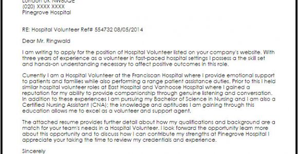 Cover Letter for Volunteer Position In Hospital Hospital Volunteer Cover Letter Sample Cover Letter