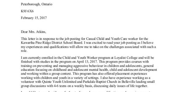 Cover Letter for Working with Youth Child and Youth Worker Cover Letter