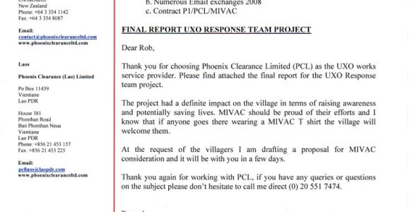 Covering Letter for Project Report Xe Ban Fai District Lao Pdr Mivac
