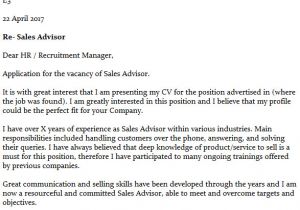 Covering Letter for Sales assistant Sales Advisor Cover Letter Example Icover org Uk