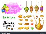 Create Eid Card with Name Mosque Lanterns Traditional Arabic Halal Food Stock