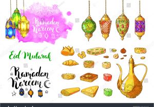 Create Eid Card with Name Mosque Lanterns Traditional Arabic Halal Food Stock