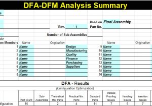 Dfma Template Dfa Dfm Analysis Worksheet Excel Download