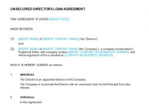 Directors Loan to Company Agreement Template Unsecured Directors Loan Agreement Template Bizorb