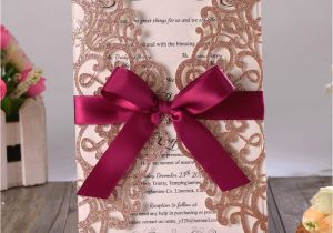Diy Card Box for Quinceanera Rose Gold Glitter Laser Cut Wedding Invitation Cards with Burgundy Ribbon and Envelope for Bridal Shower Engagement Party 100pcs