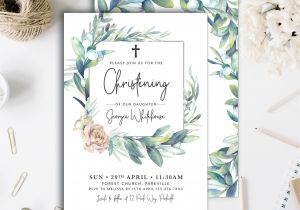 Diy Invitation Card for Christening Botanical Unisex Greenery Baptism or Christening Invitation