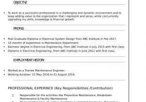 Electrician Fresher Resume format Resume Templates for Electrical Engineer Freshers