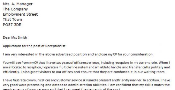 Example Of Cover Letter for Receptionist Position Cover Letter for A Receptionist Icover org Uk