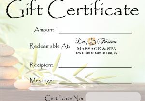 Free Massage therapy Gift Certificate Template Lafusion Massage Spa Gift Certificate Tulsa Spa Gifts