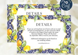Guest Information Card Wedding Template Editable File Lemon and Blue Tile Wedding Details Card