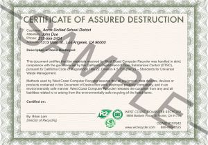 Hard Drive Certificate Of Destruction Template West Coast Recycler Secure Data Destruction