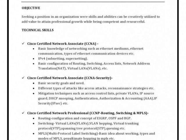 resume format for freshers networking and hardware