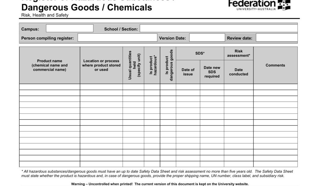 Hazardous Substance Register Template Hazardous Substance Register ...