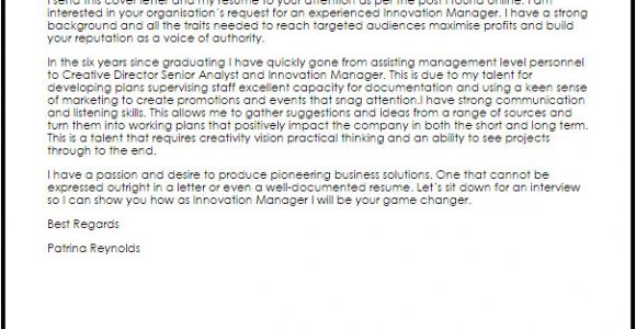 Innovative Cover Letters Innovation Manager Cover Letter Sample Cover Letter