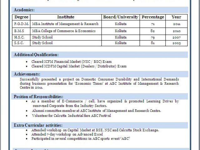 International Fresher Resume Format Sample Of A Beautiful Resume Format Of Mba Fresher 4666