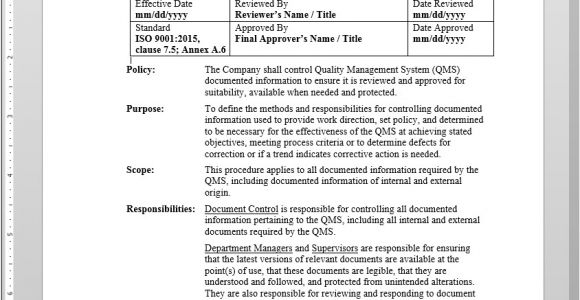 Iso 9001 Procedures Templates Documented Information Control Procedure iso 9001 2015