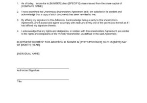 Key Holding Contract Template Adhesion to the Unanimous Shareholder Agreement Template