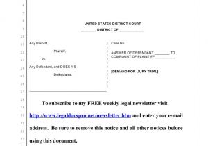 Legal Answer Template Sample Answer to Complaint In United States District Court